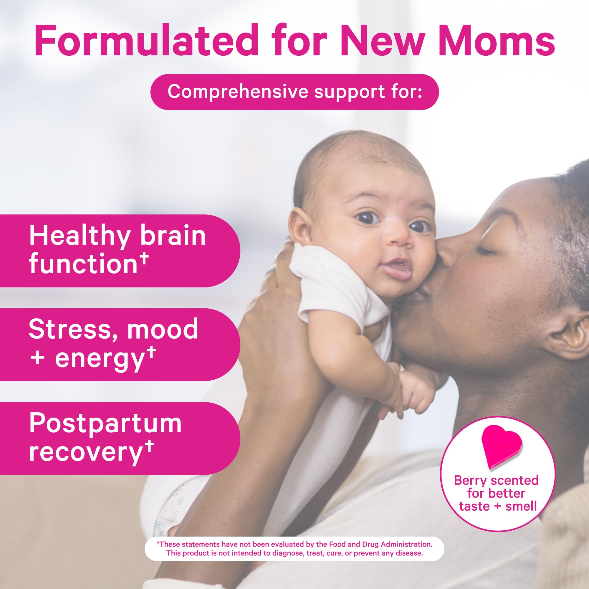 Front packaging showing 20 vitamins and minerals for postpartum recovery