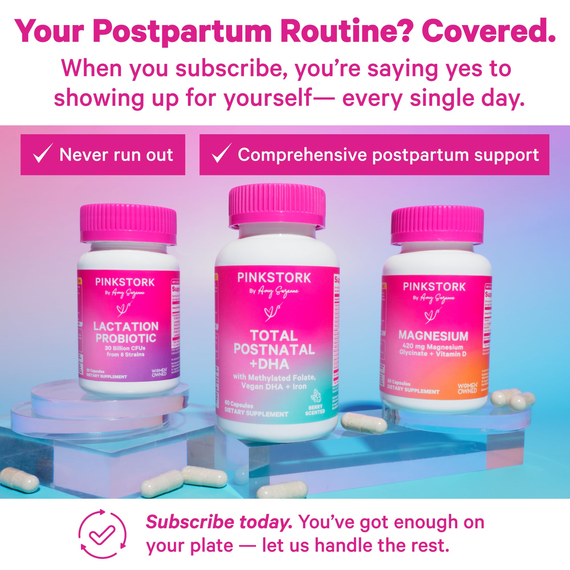 Nutrition facts panel and ingredients of Pink Stork Postnatal Vitamins