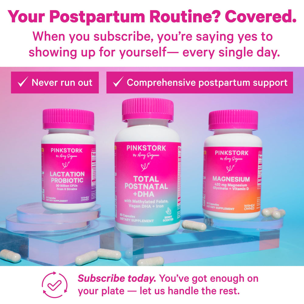 Nutrition facts panel and ingredients of Pink Stork Postnatal Vitamins