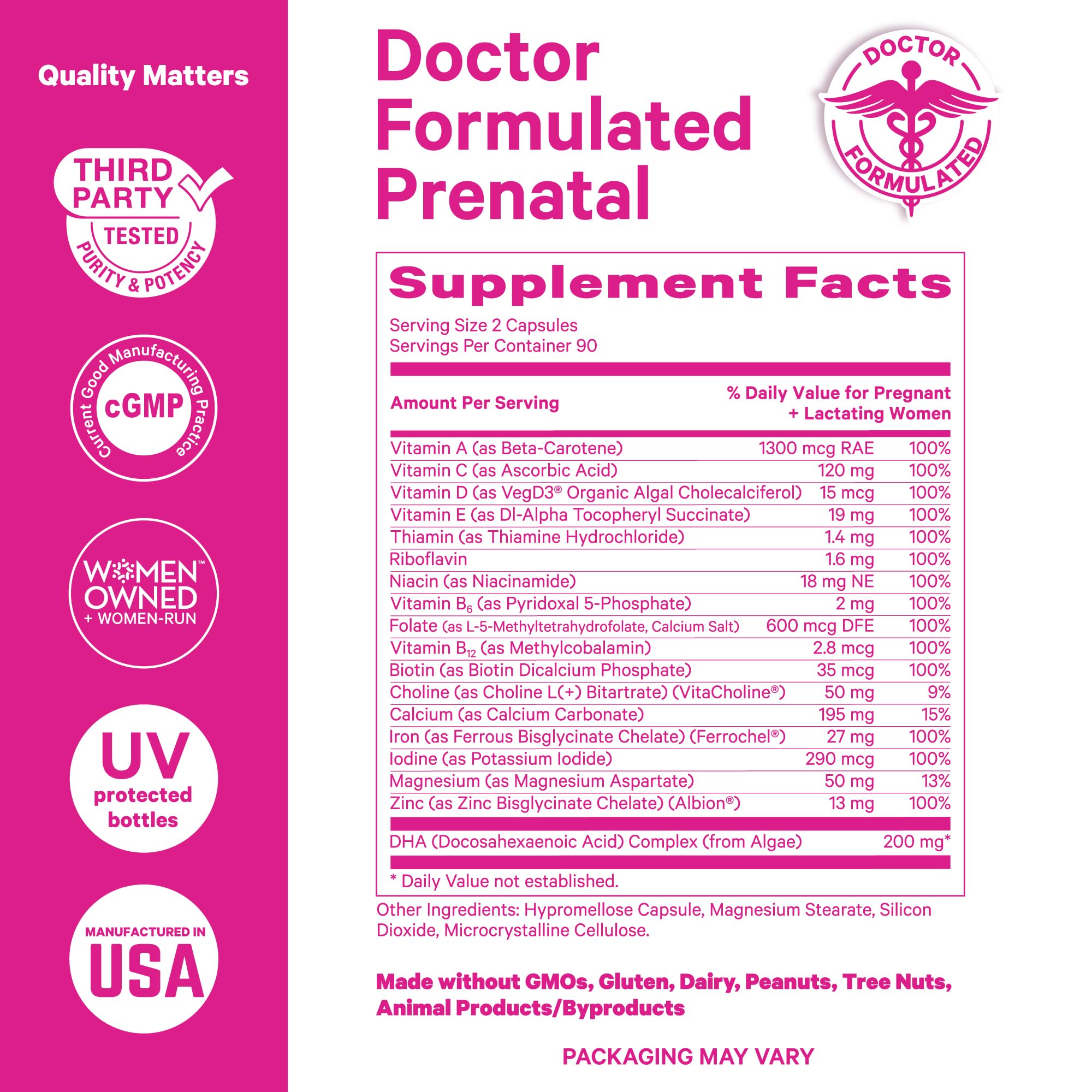 Close-up detail shot of Pink Stork Total Prenatal with DHA ingredients