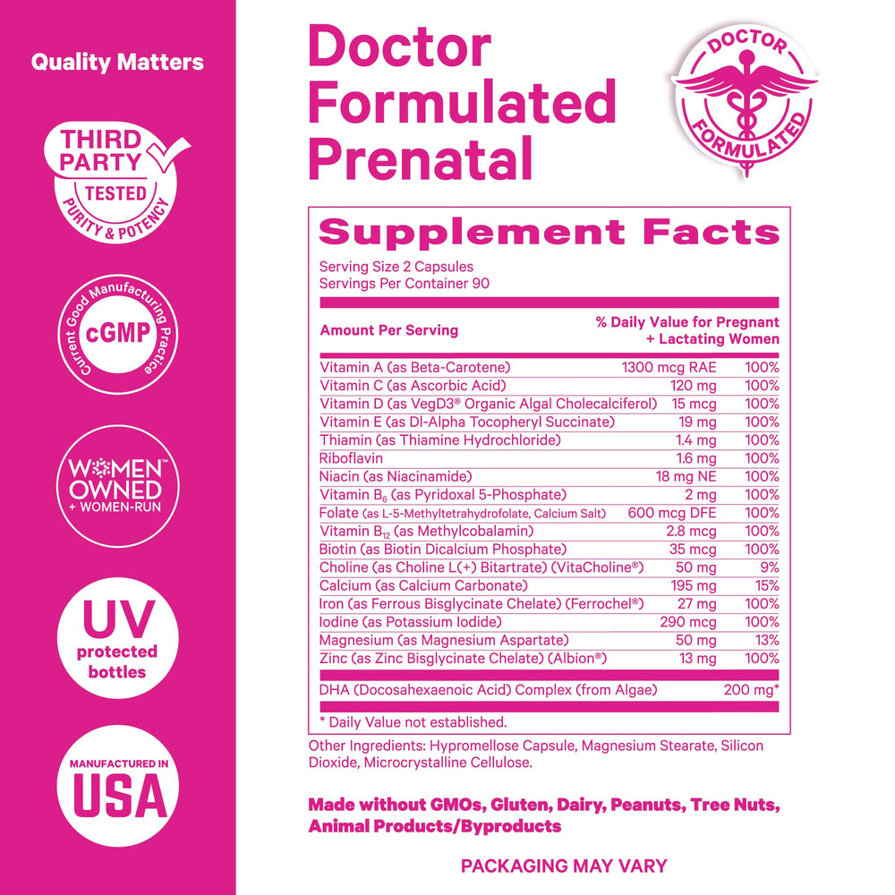 Close-up detail shot of Pink Stork Total Prenatal with DHA ingredients