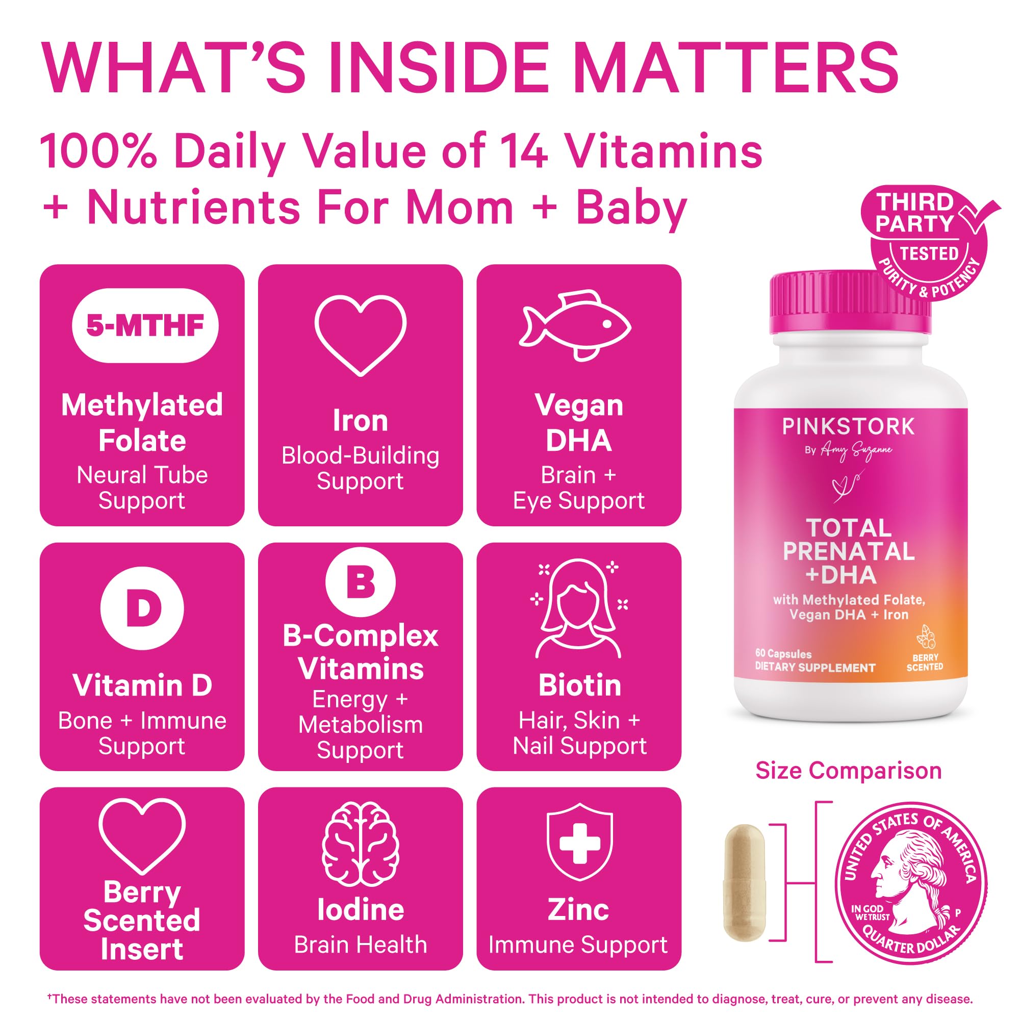Close-up of Pink Stork prenatal vitamins packaging