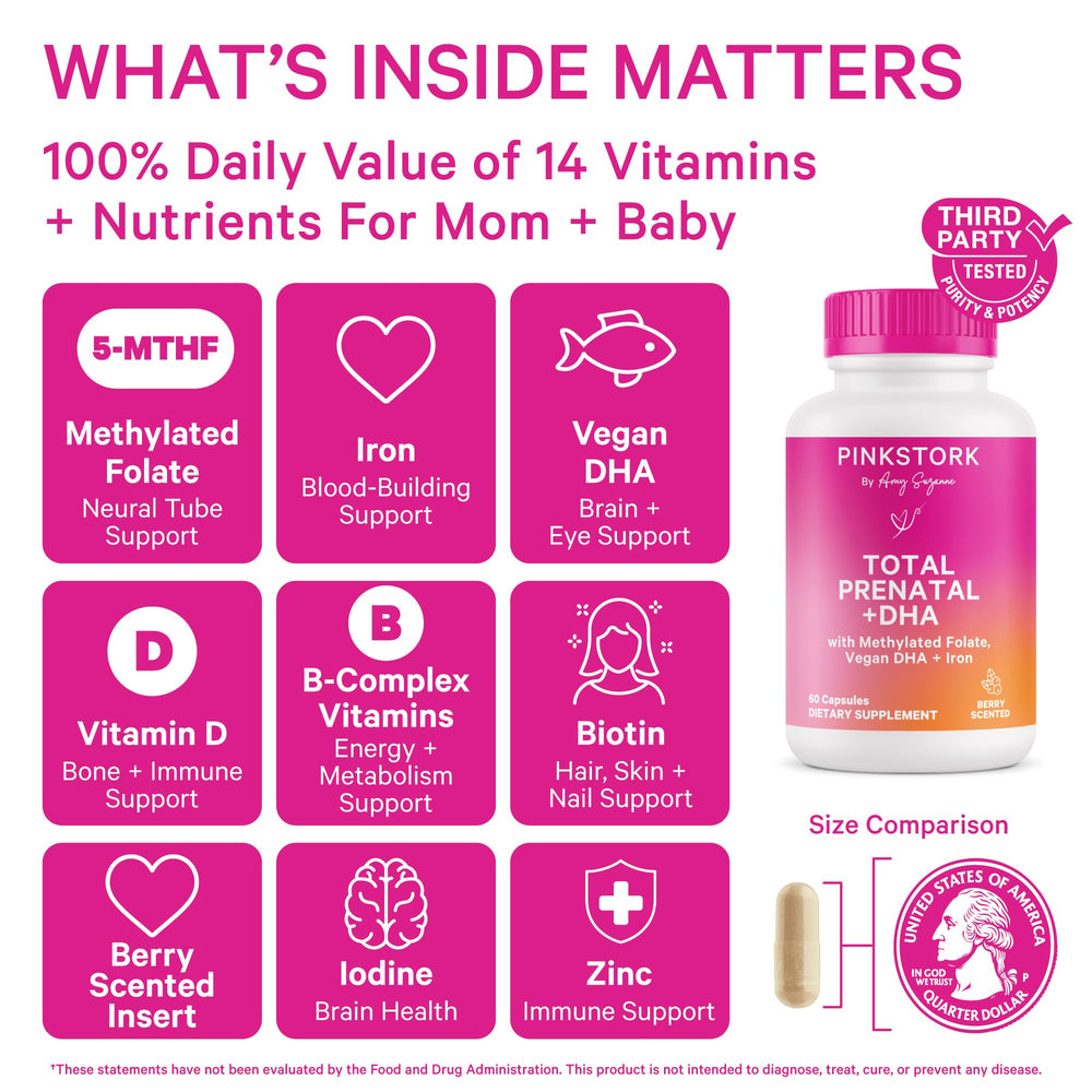 Close-up of Pink Stork prenatal vitamins packaging