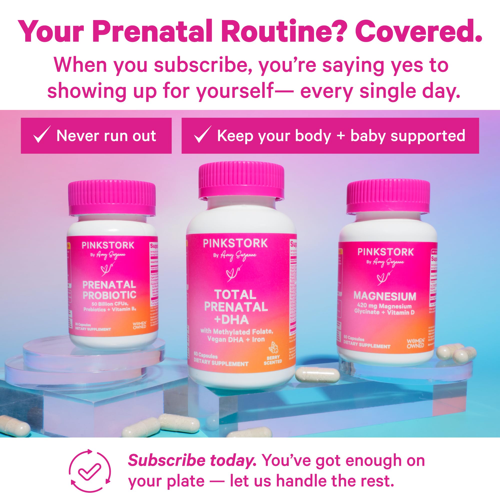 Two small prenatal vitamin capsules on white background