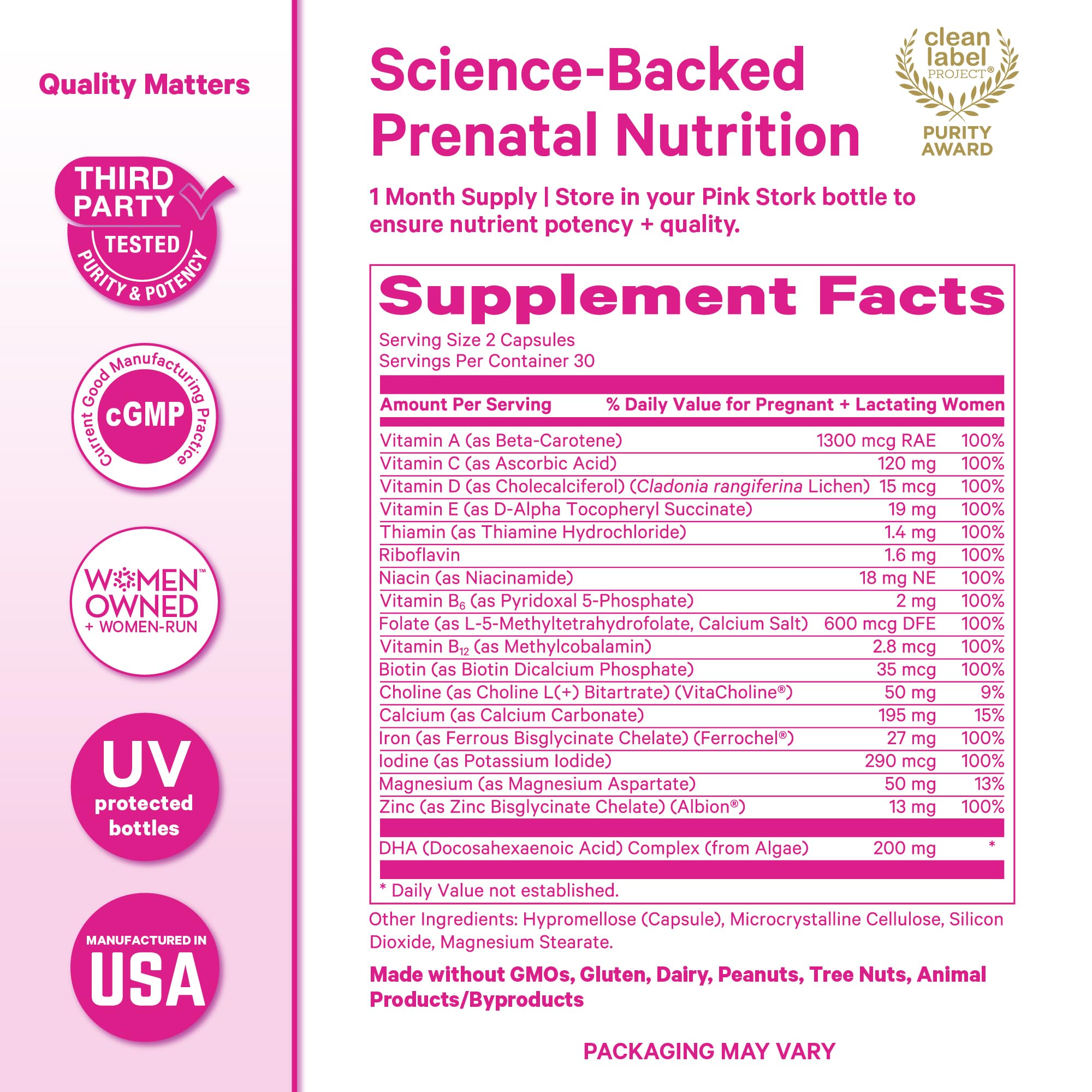 ScentCert tab on Pink Stork Total Prenatal DHA bottle for a pleasant scent cue