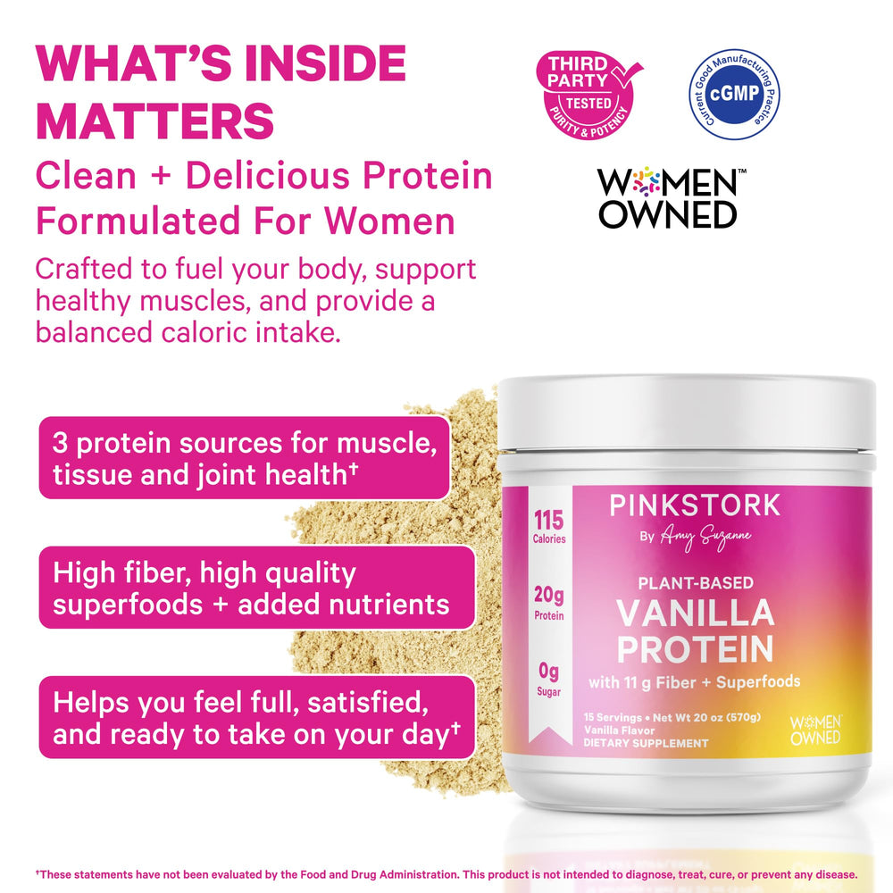 Close-up of Pink Stork Vanilla Protein Powder with ingredients listing and fiber.