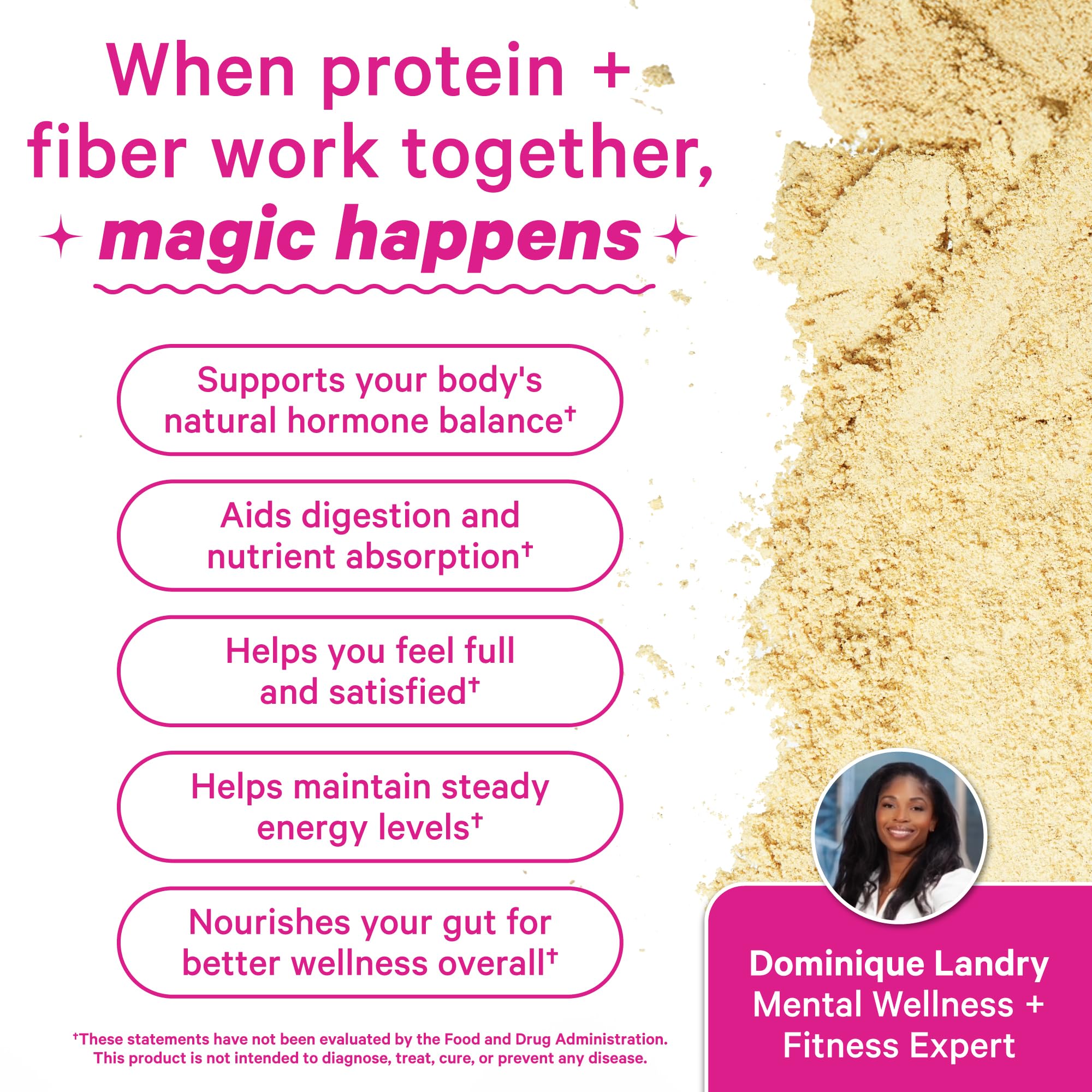 Close-up of Pink Stork Vanilla Protein Powder with ingredients listing and fiber.