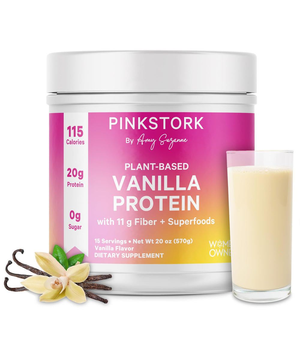 Pink Stork Vanilla Protein Powder tub front highlights gluten-free, dairy-free daily use.