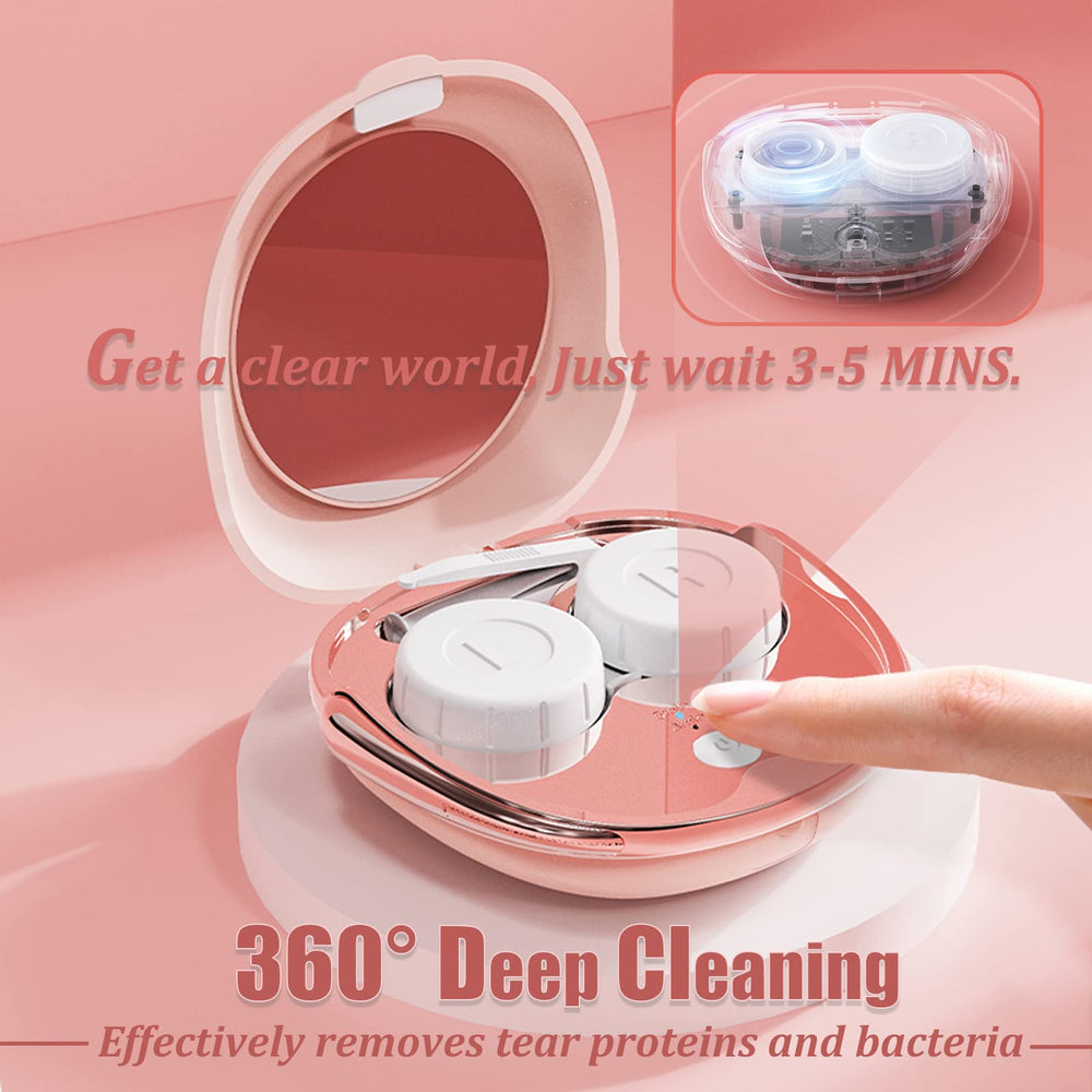 Side view of portable pink ultrasonic lens cleaner with USB charging