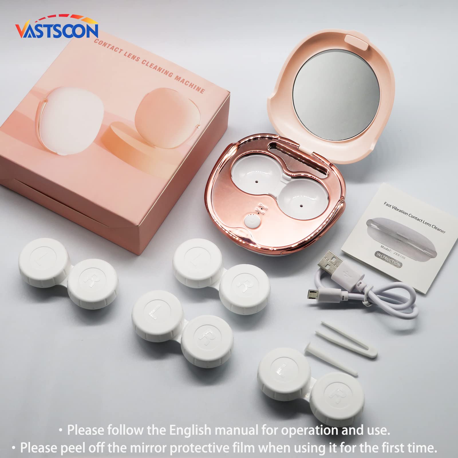 Packaging and user manual for pink ultrasonic contact lens cleaner kit