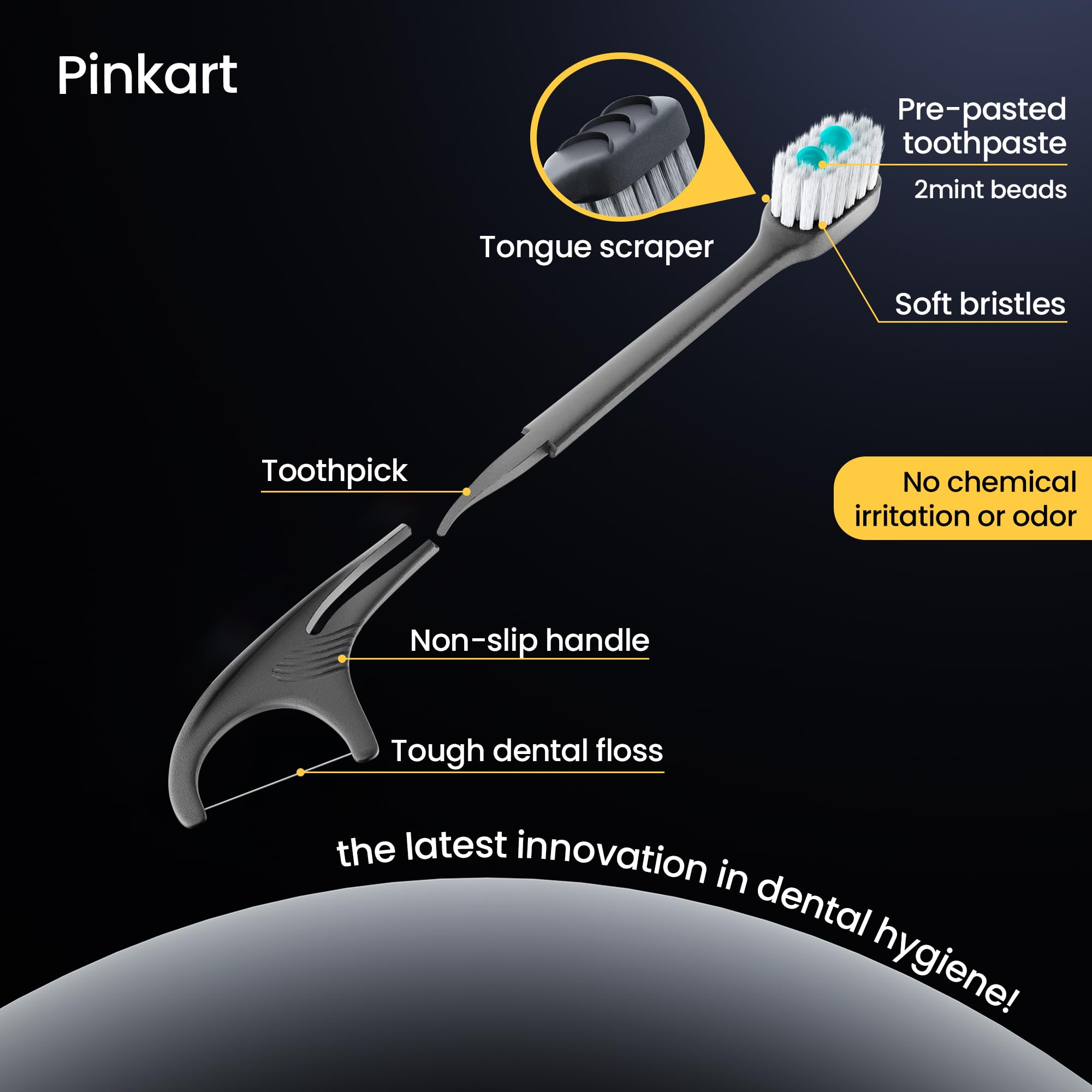 Pack shot of Pinkart 24-count travel toothbrushes.