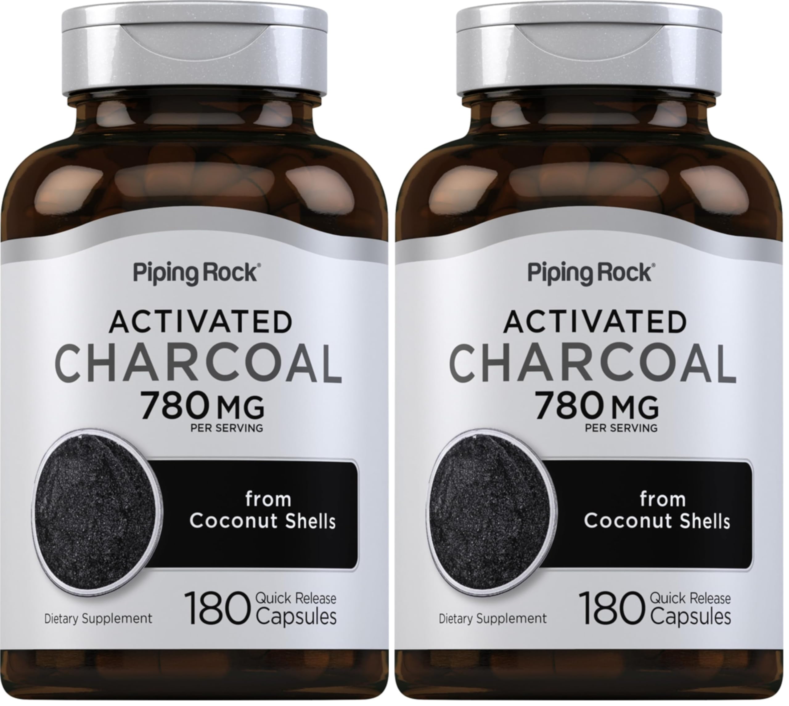 Piping Rock Activated Charcoal Pills bottle – 780 mg, 180 capsules (Pack of 2)