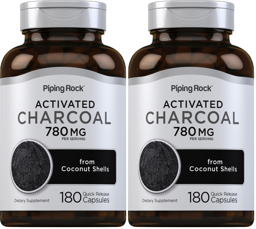 Piping Rock activated charcoal pills bottle for convenient daily use and occasional digestive comfort.