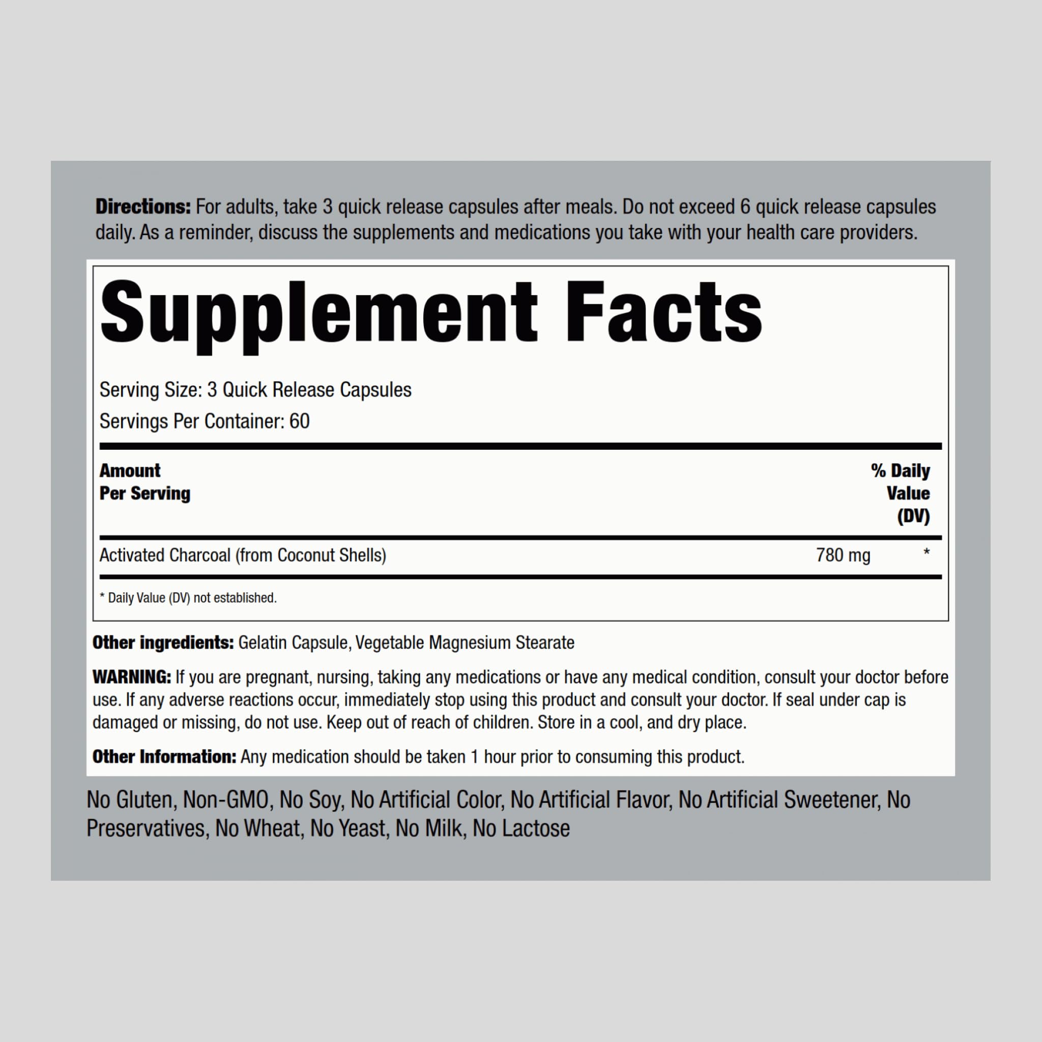 Piping Rock activated charcoal pills capsules closeup shows easy-to-swallow daily supplement.