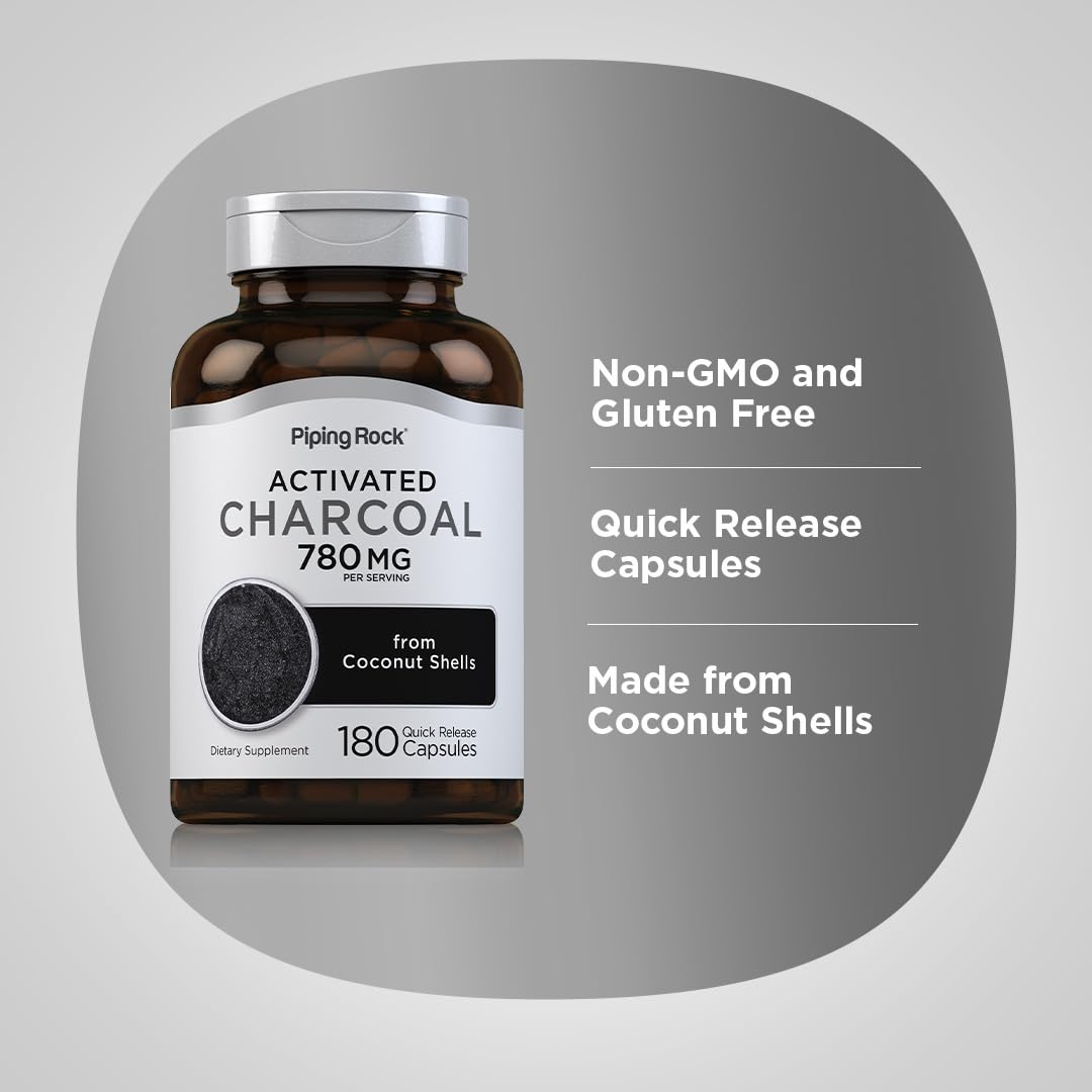 Piping Rock activated charcoal pills pack-of-2 label emphasizes value and gluten-free features.