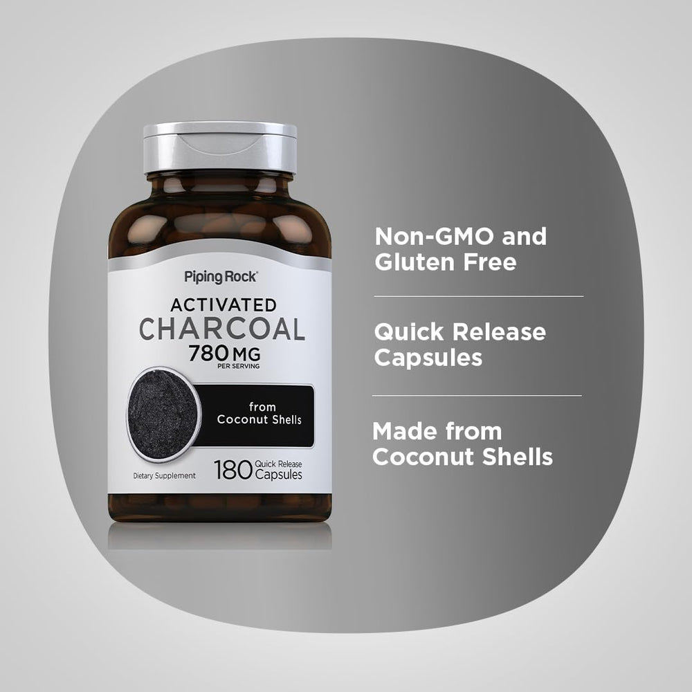 Piping Rock activated charcoal pills pack-of-2 label emphasizes value and gluten-free features.