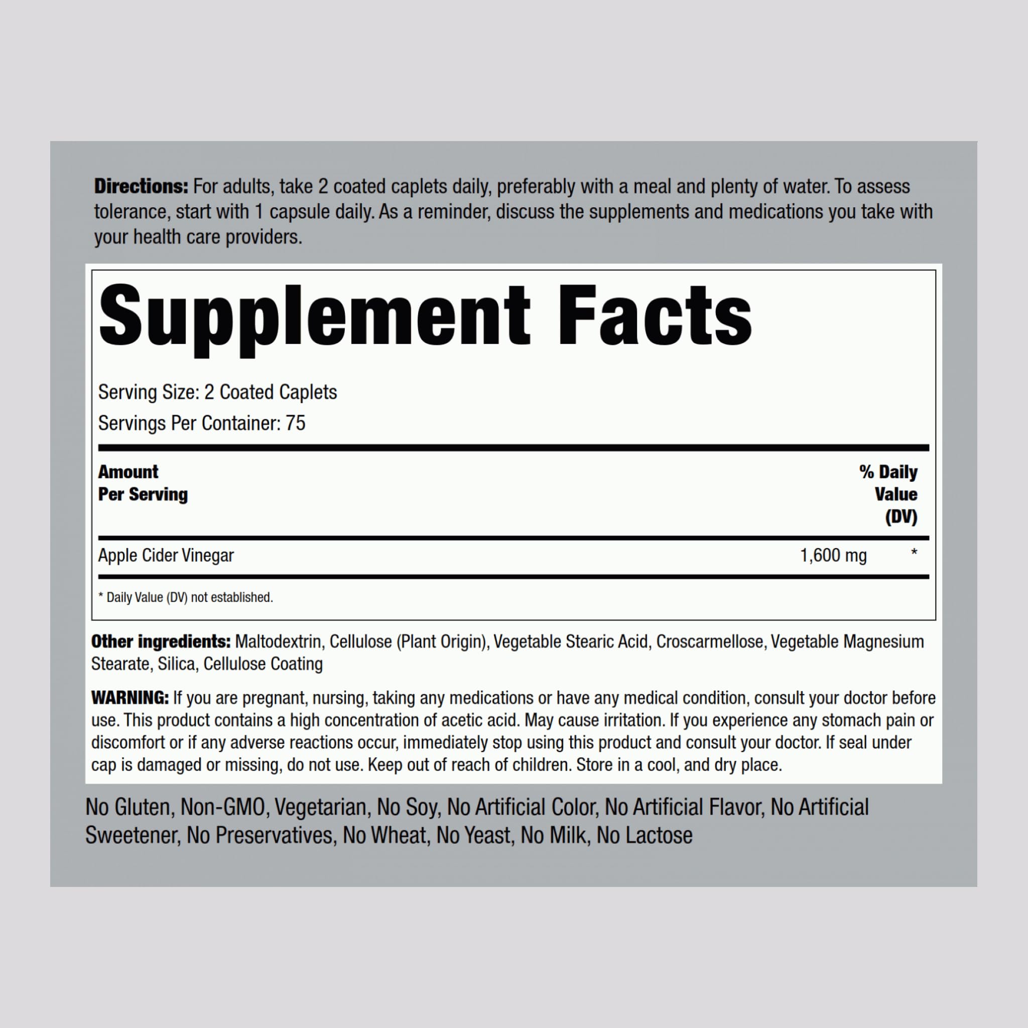 Piping Rock ACV caplets bottle back panel highlights ingredients and safety