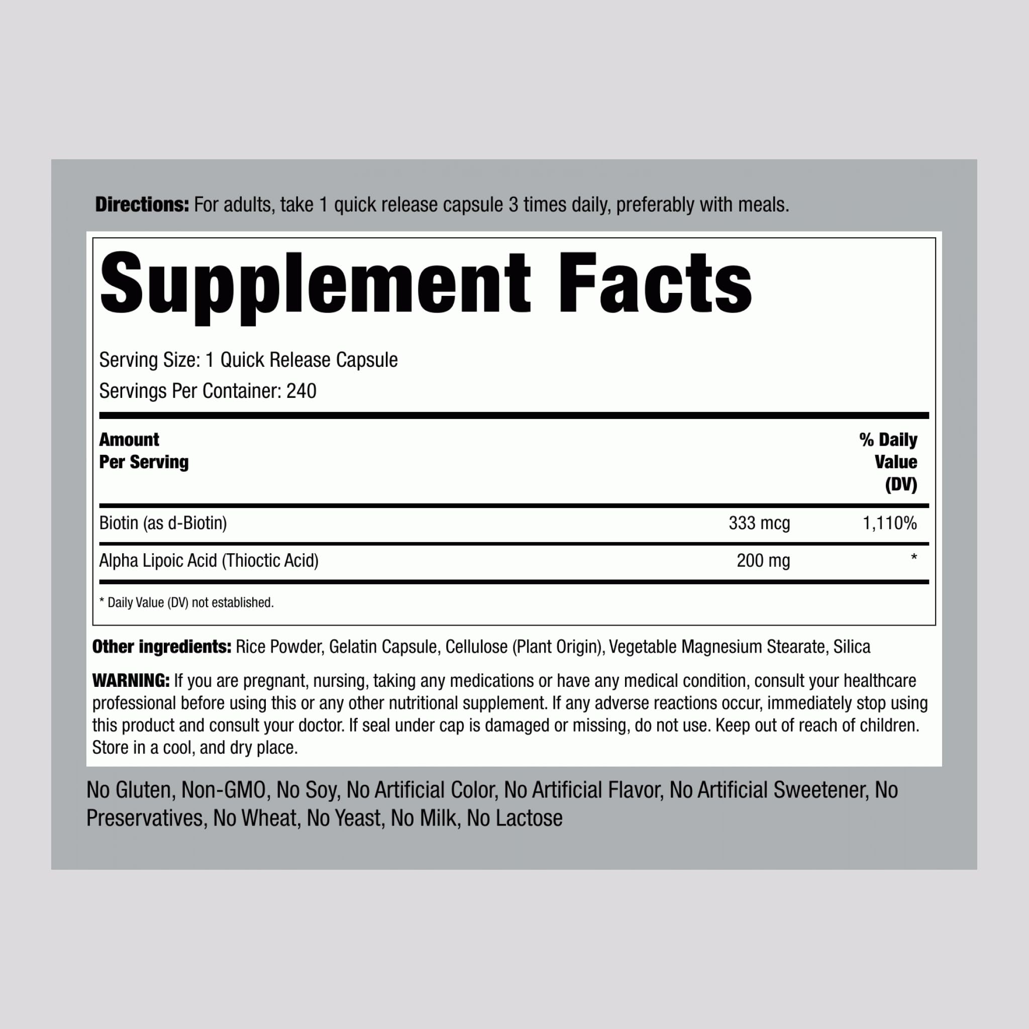 Close-up of Alpha Lipoic Acid 200mg capsules with Biotin