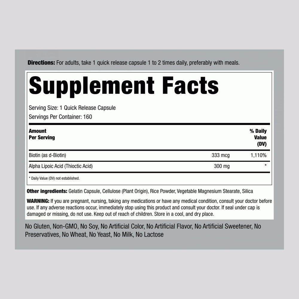 Close-up of Alpha Lipoic Acid 300mg capsules with Biotin Optimizer