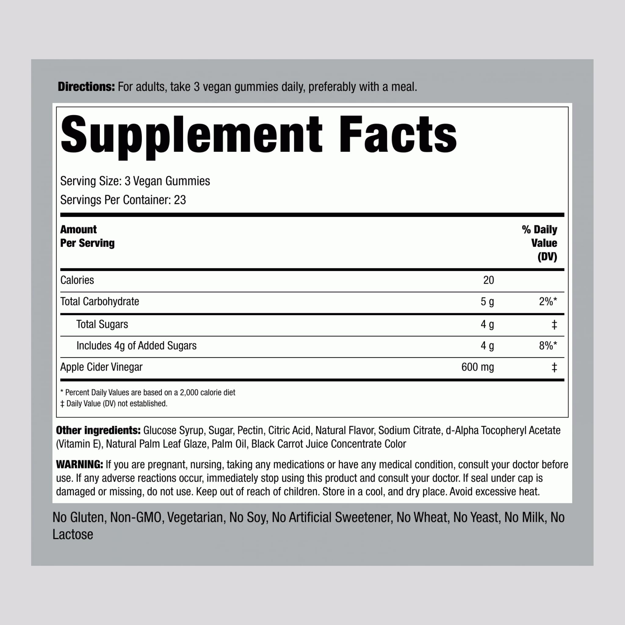 Ingredients panel for Piping Rock Apple Cider Vinegar Gummies