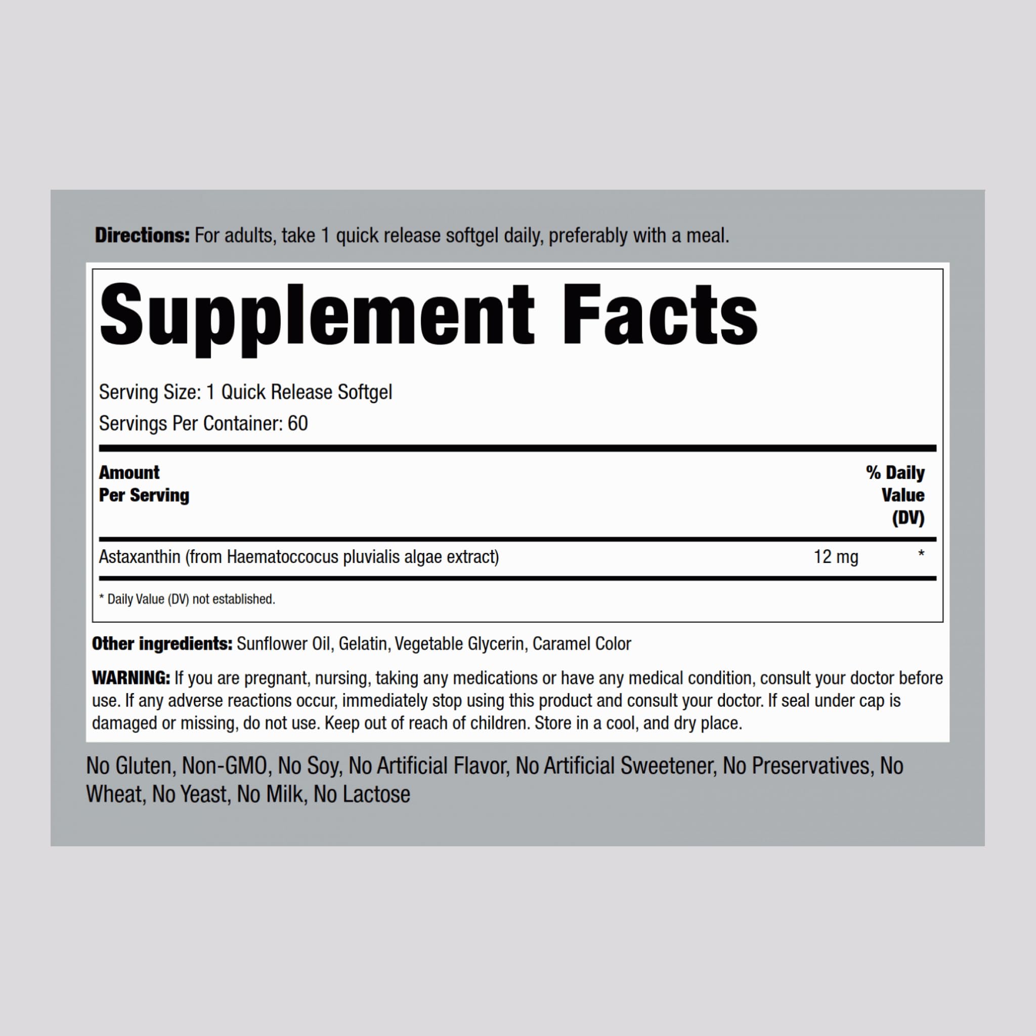 Back view showing supplement facts on Piping Rock Astaxanthin 12mg bottle
