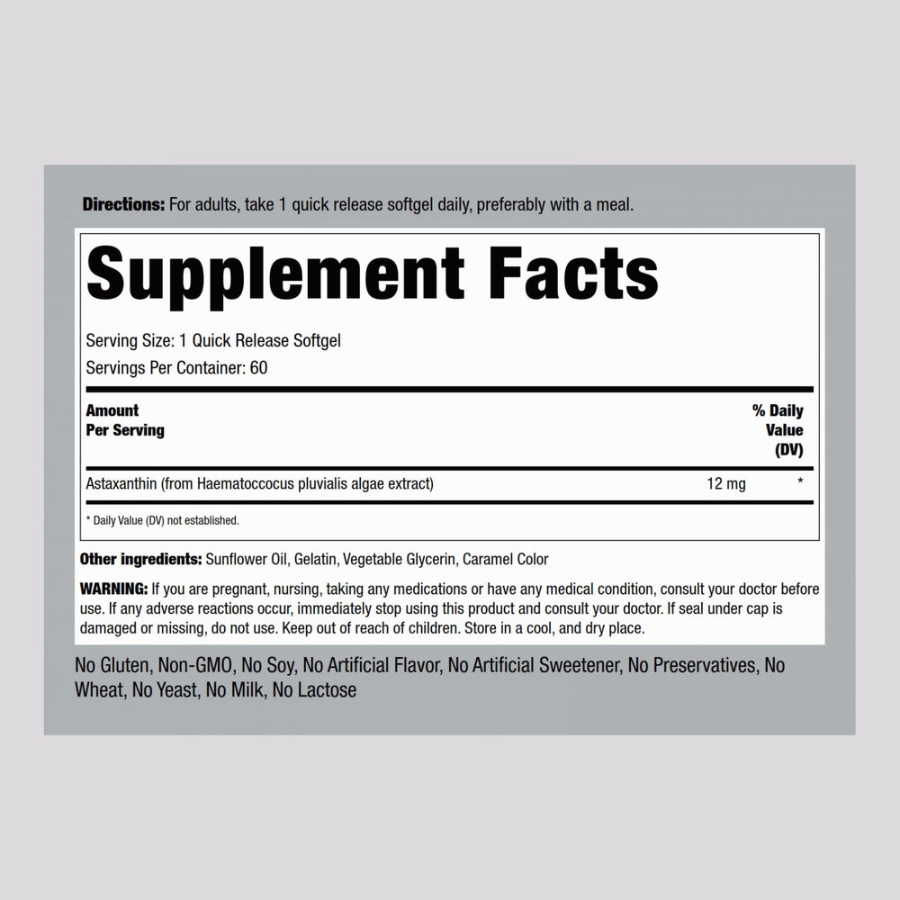 Back view showing supplement facts on Piping Rock Astaxanthin 12mg bottle