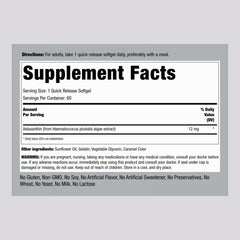 Back view showing supplement facts on Piping Rock Astaxanthin 12mg bottle