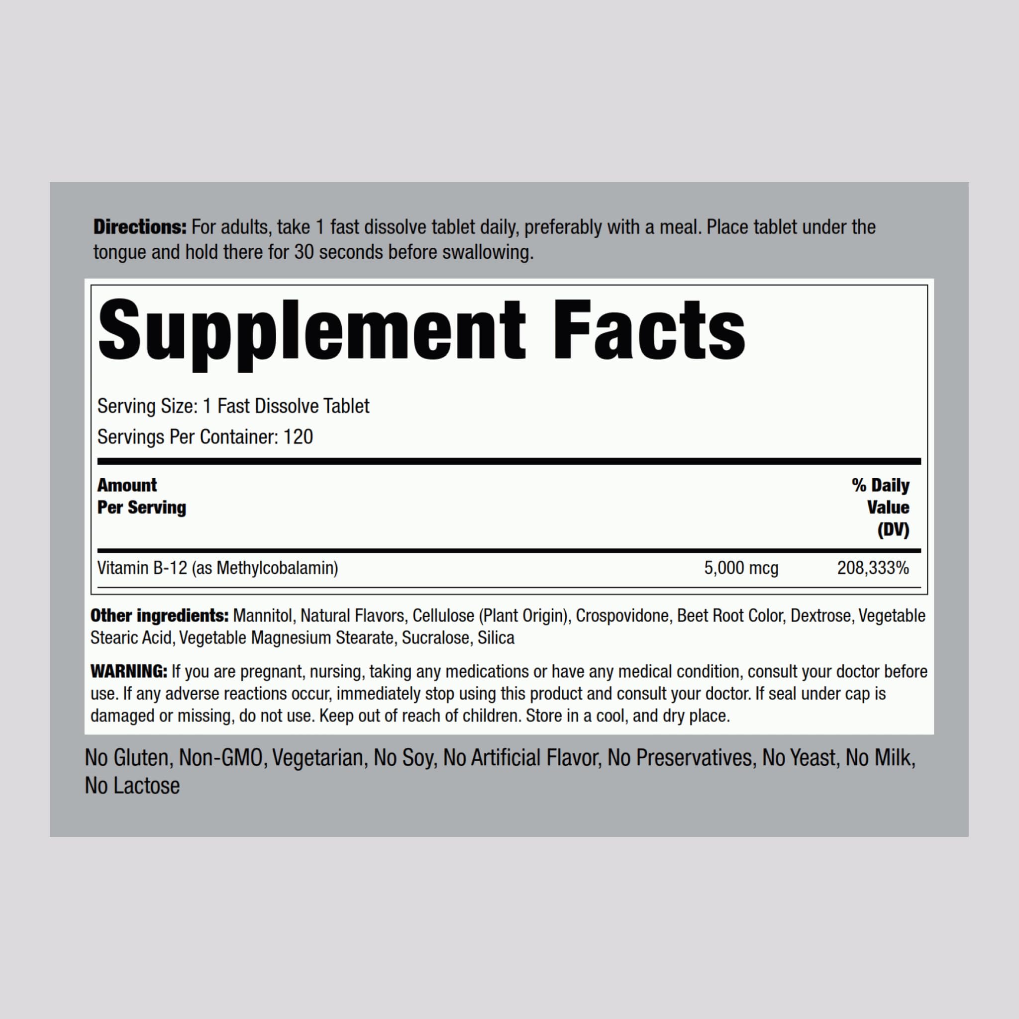 Piping Rock B12 5000 mcg bottle back label