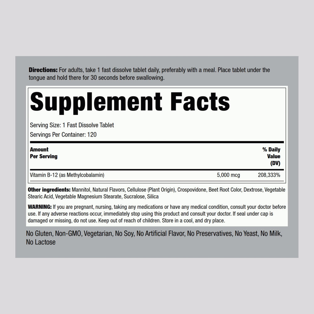 Piping Rock B12 5000 mcg bottle back label