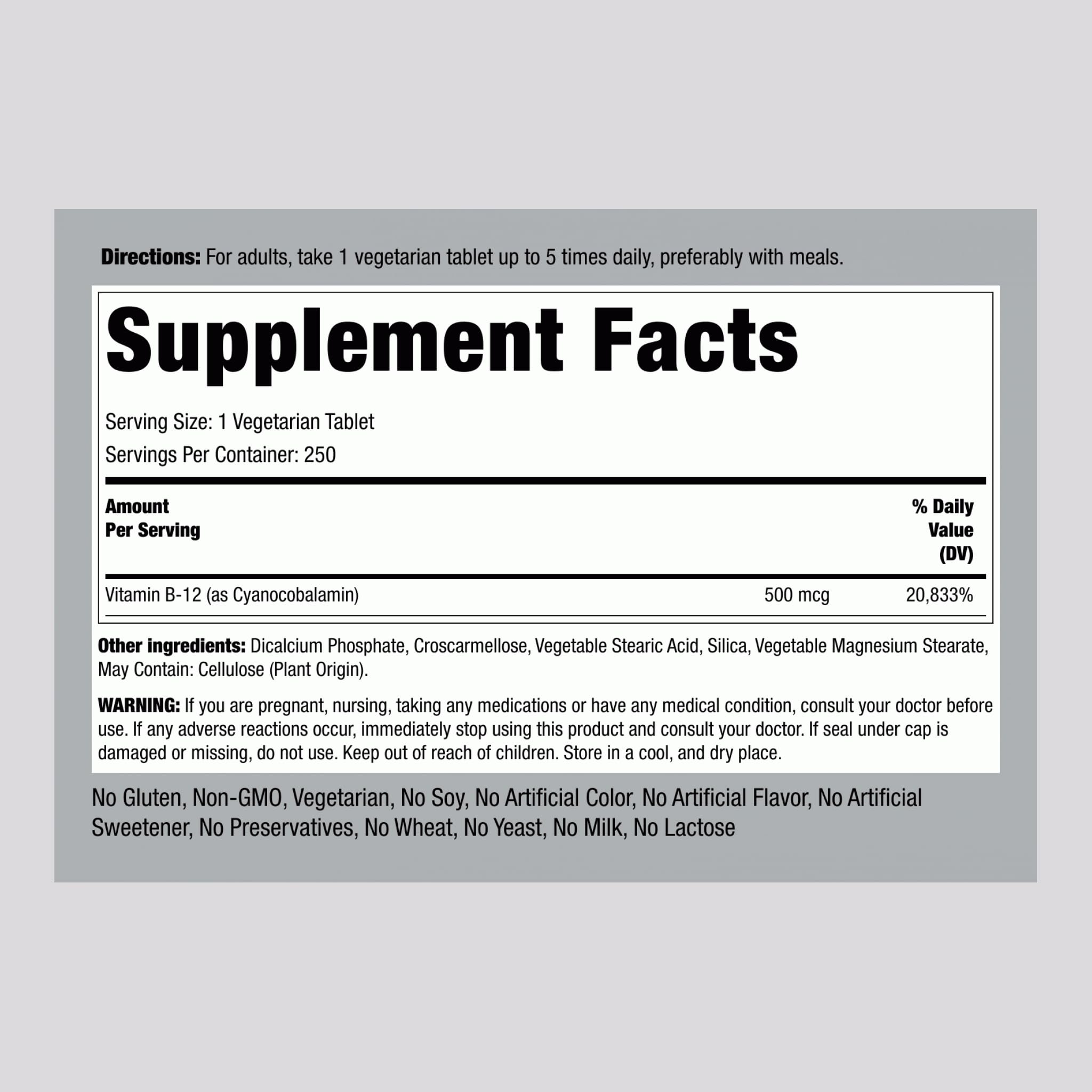 Cyanocobalamin 500 mcg B12 supplement label