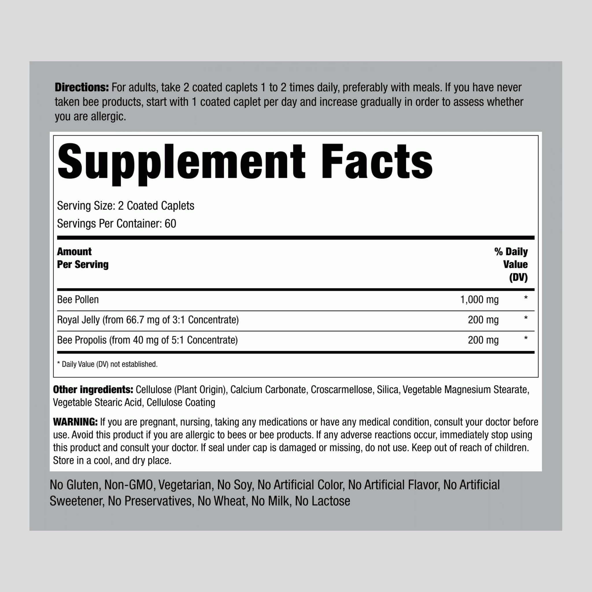 Piping Rock Bee Pollen royal jelly propolis caplets closeup highlights natural ingredients