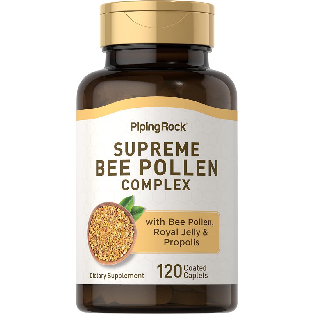 Piping Rock Bee Pollen caplets hero shows coated quick caplets for easy swallowing