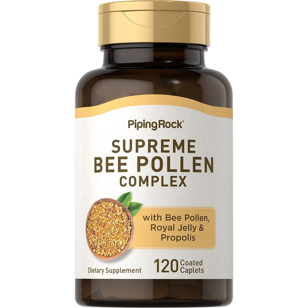 Piping Rock Bee Pollen caplets hero shows coated quick caplets for easy swallowing