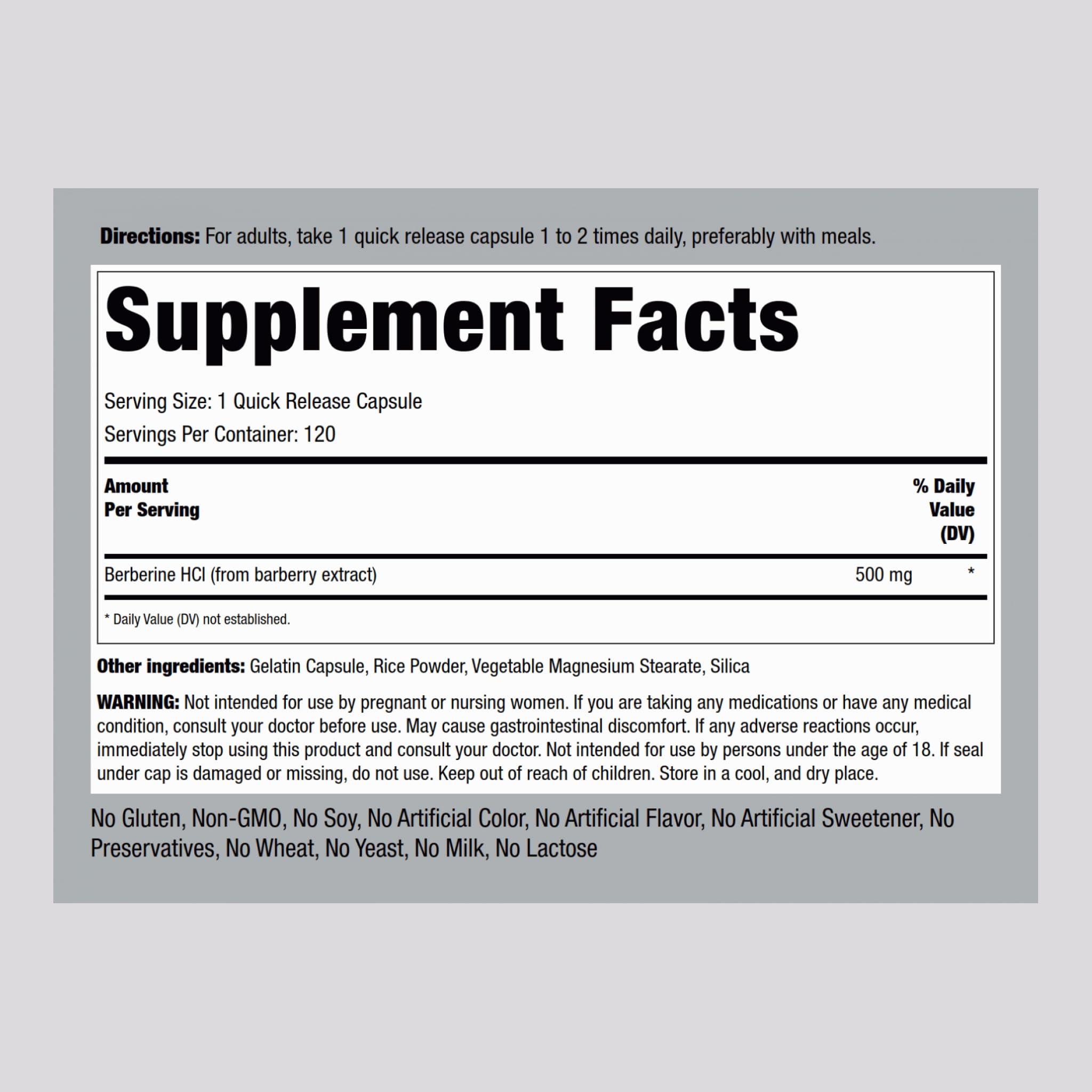 Berberine HCL 500 mg supplement label with Barberry Extract