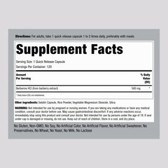 Berberine HCL 500 mg supplement label with Barberry Extract