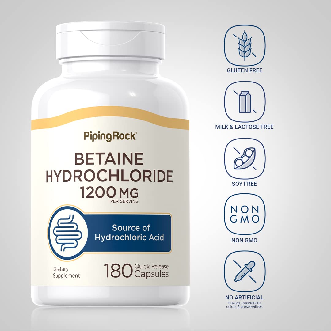 Front view of Piping Rock Betaine HCL 1200mg bottle label