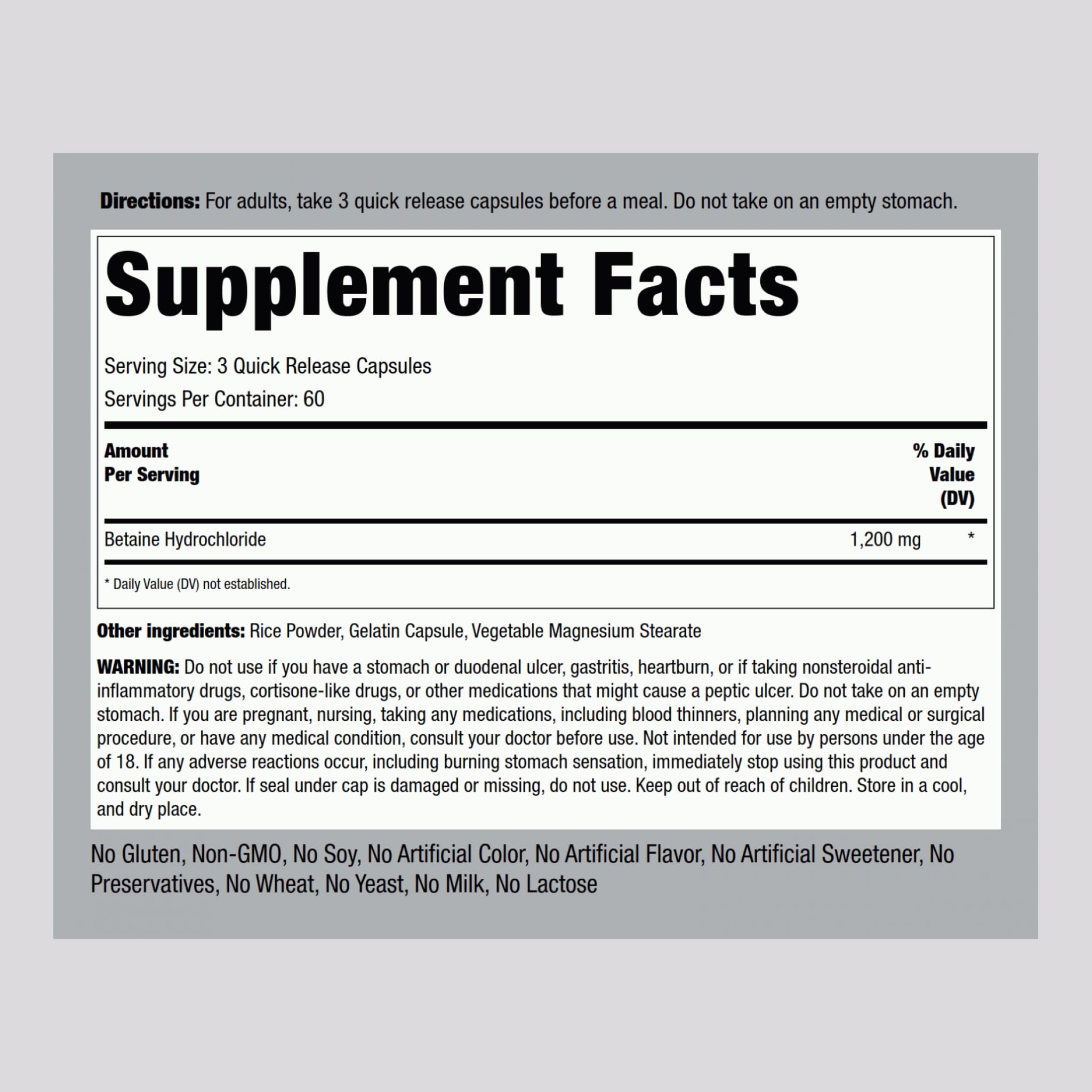 Close-up of Betaine HCL capsules labeled 1200mg