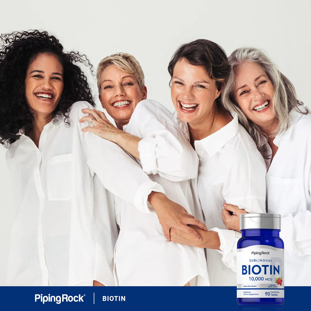 90-count bottle of Piping Rock biotin sublingual tablets