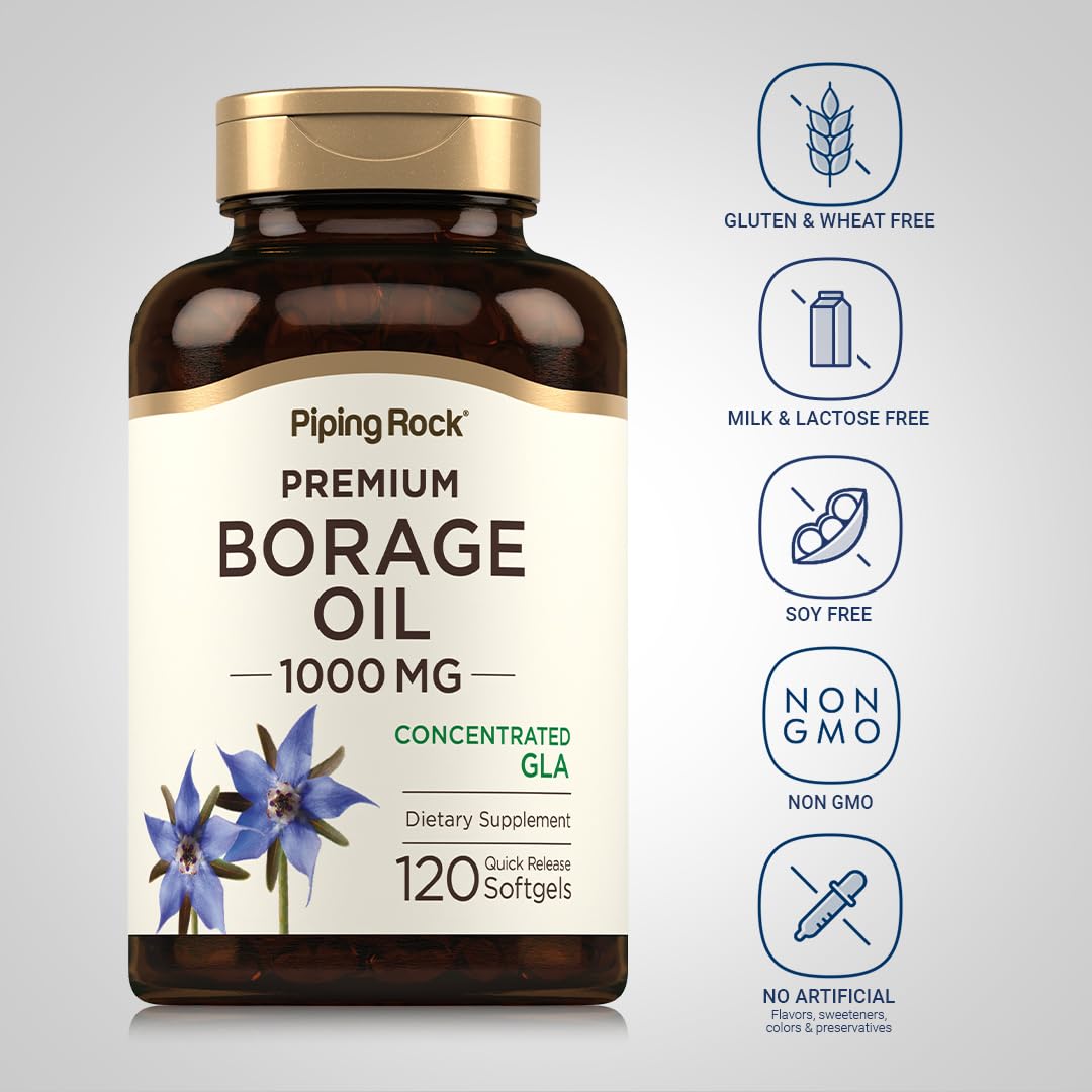 Piping Rock borage oil 1000 mg label highlights potency for omega-6 and omega-9