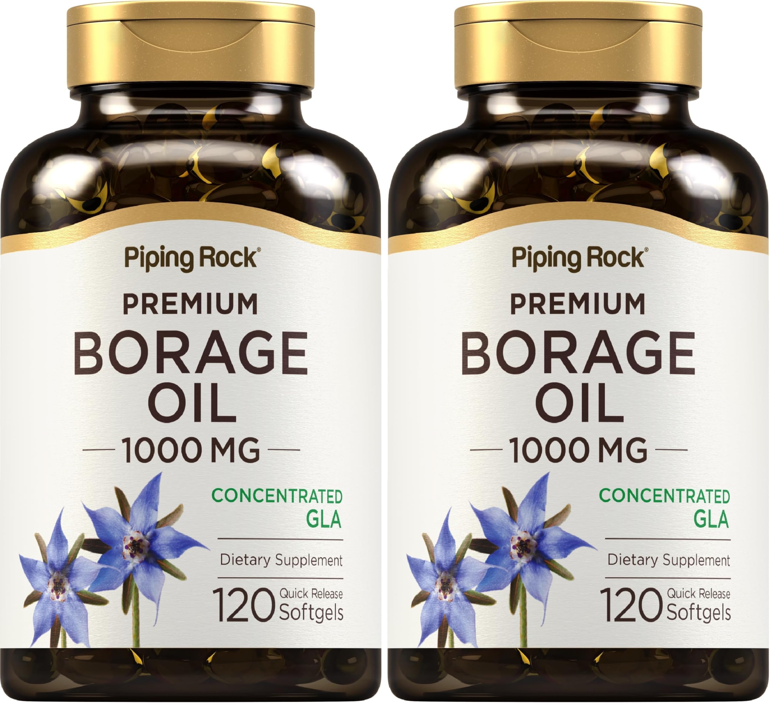 Piping Rock borage oil softgel bottle closeup with 1000 mg capsules for daily use