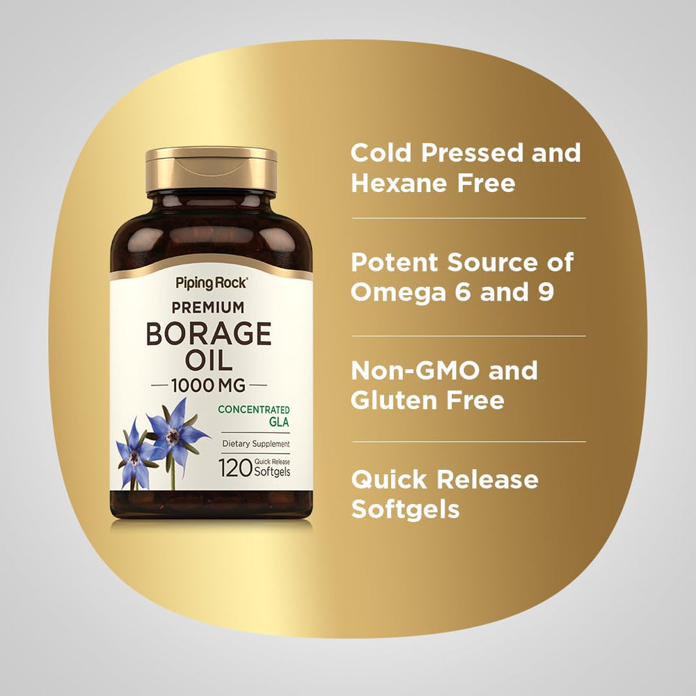Piping Rock borage oil softgels closeup showcases quick-release capsules