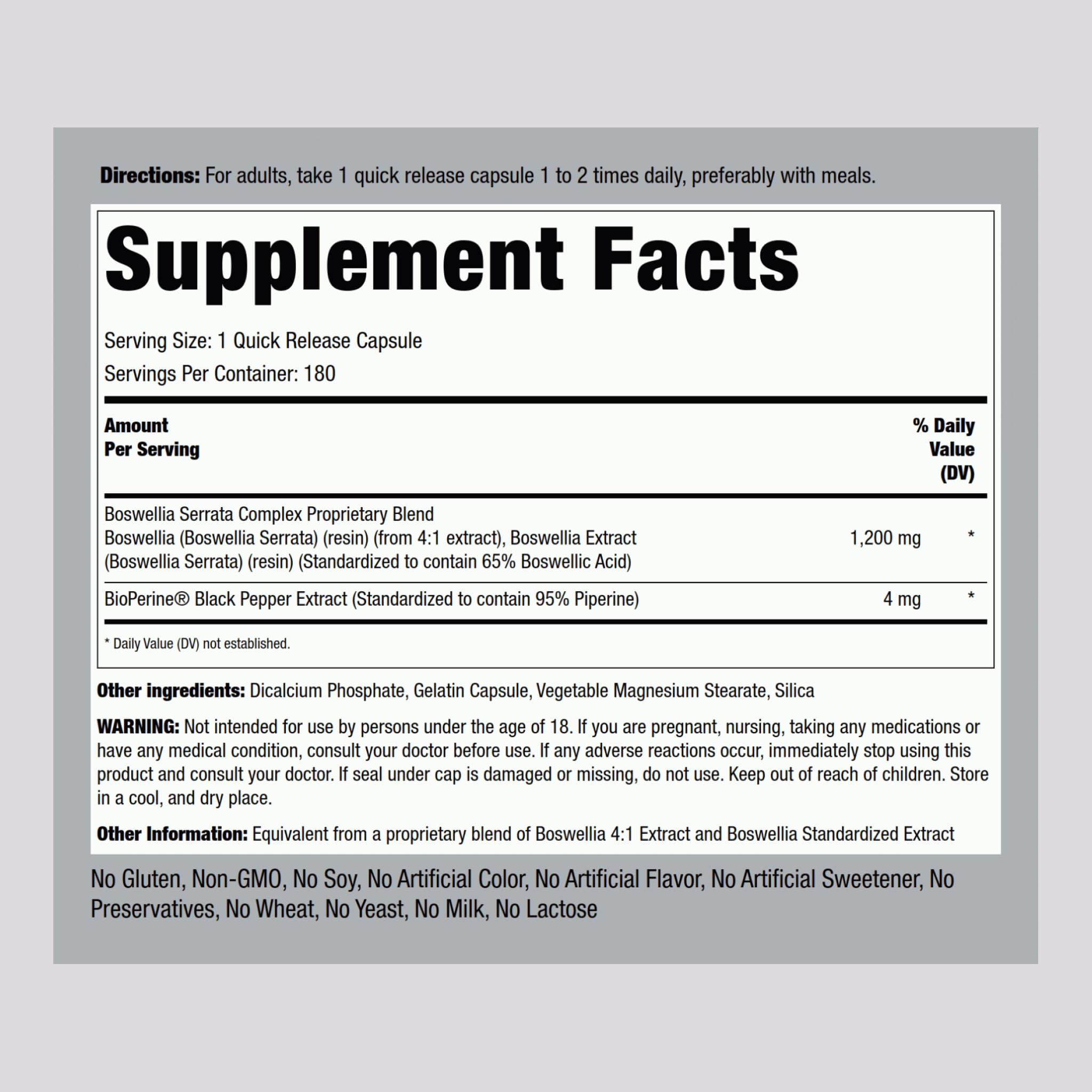 Close-up of Boswellia Serrata 1200mg capsule with label
