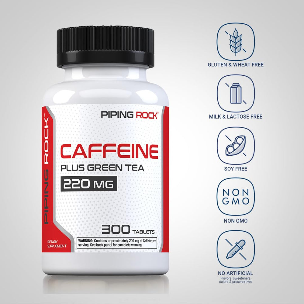 Closeup of Piping Rock label on caffeine pills indicating quality