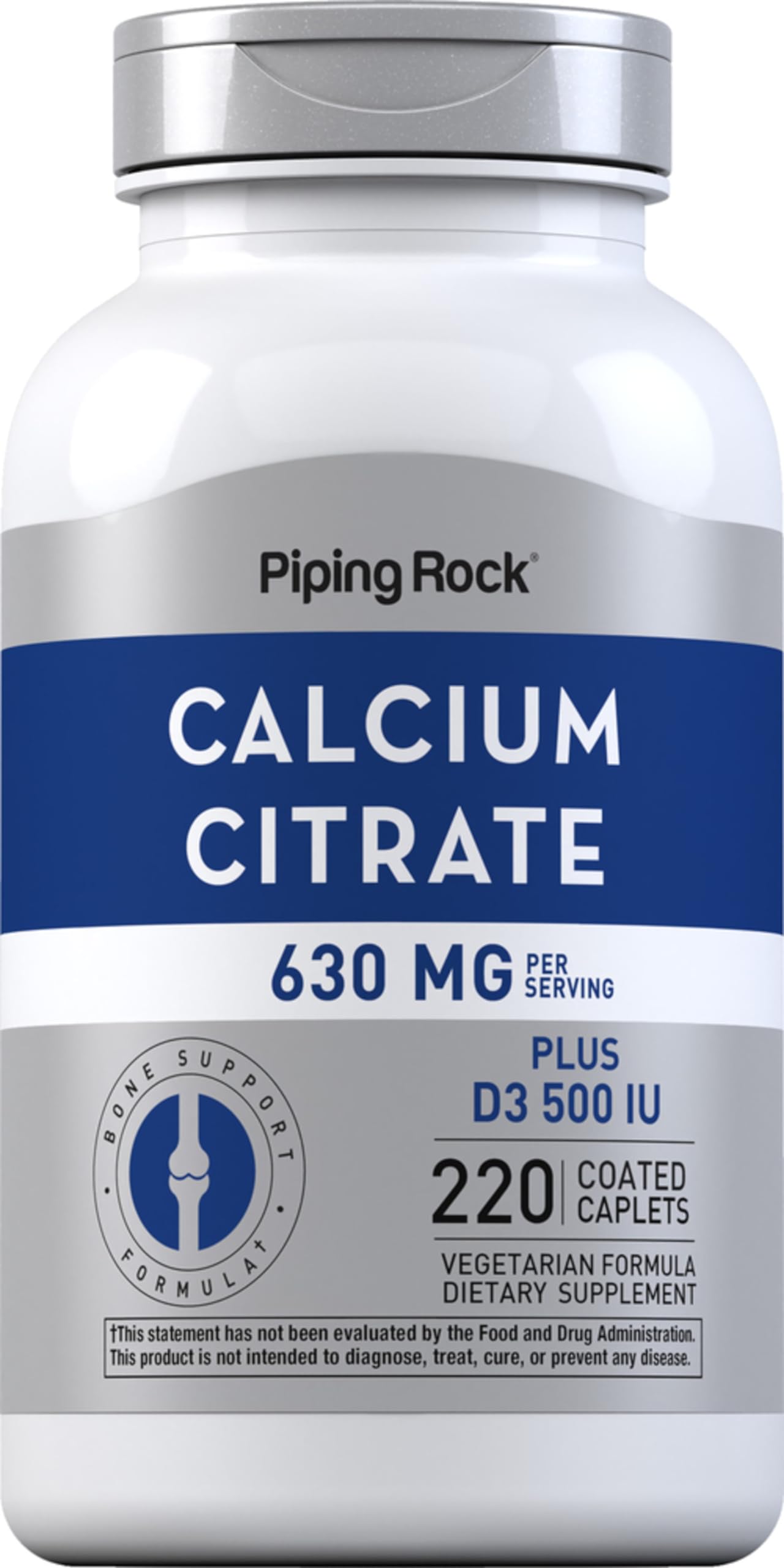 Piping Rock Calcium Citrate with Vitamin D3 bottle label - 630 mg, 220 caplets