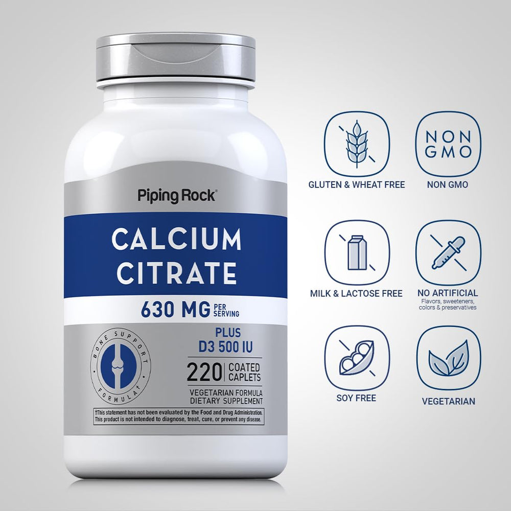 Piping Rock bottle label highlighting calcium citrate and vitamin D3