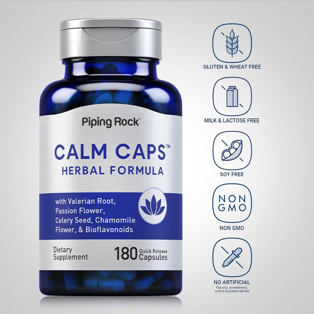 Close-up of Piping Rock Calm Capsules bottle label