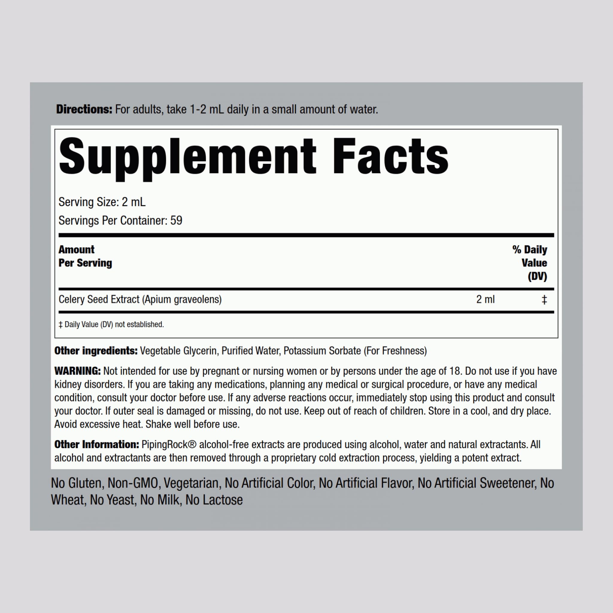 Front label of Piping Rock Celery Seed Extract Liquid Drops
