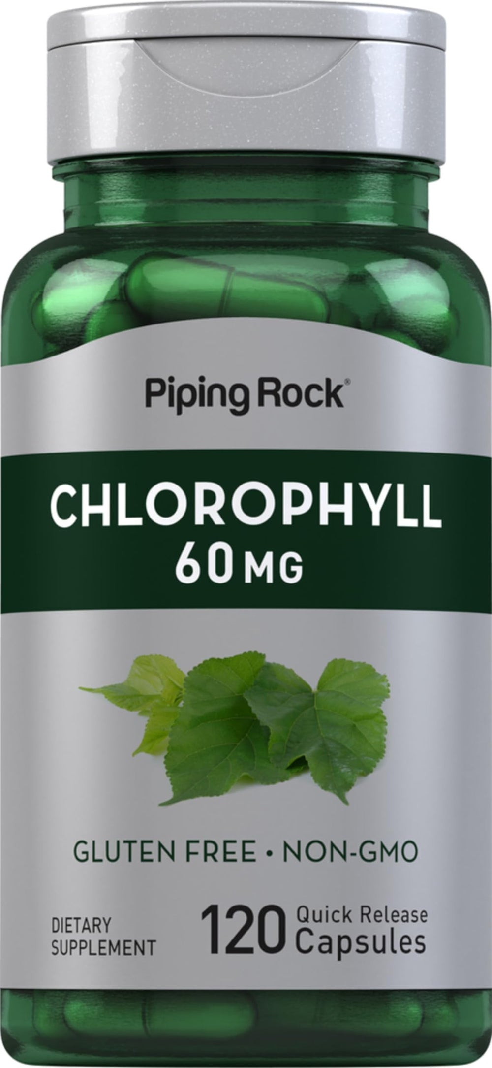 Piping Rock Chlorophyll Capsules bottle with Mulberry leaf design