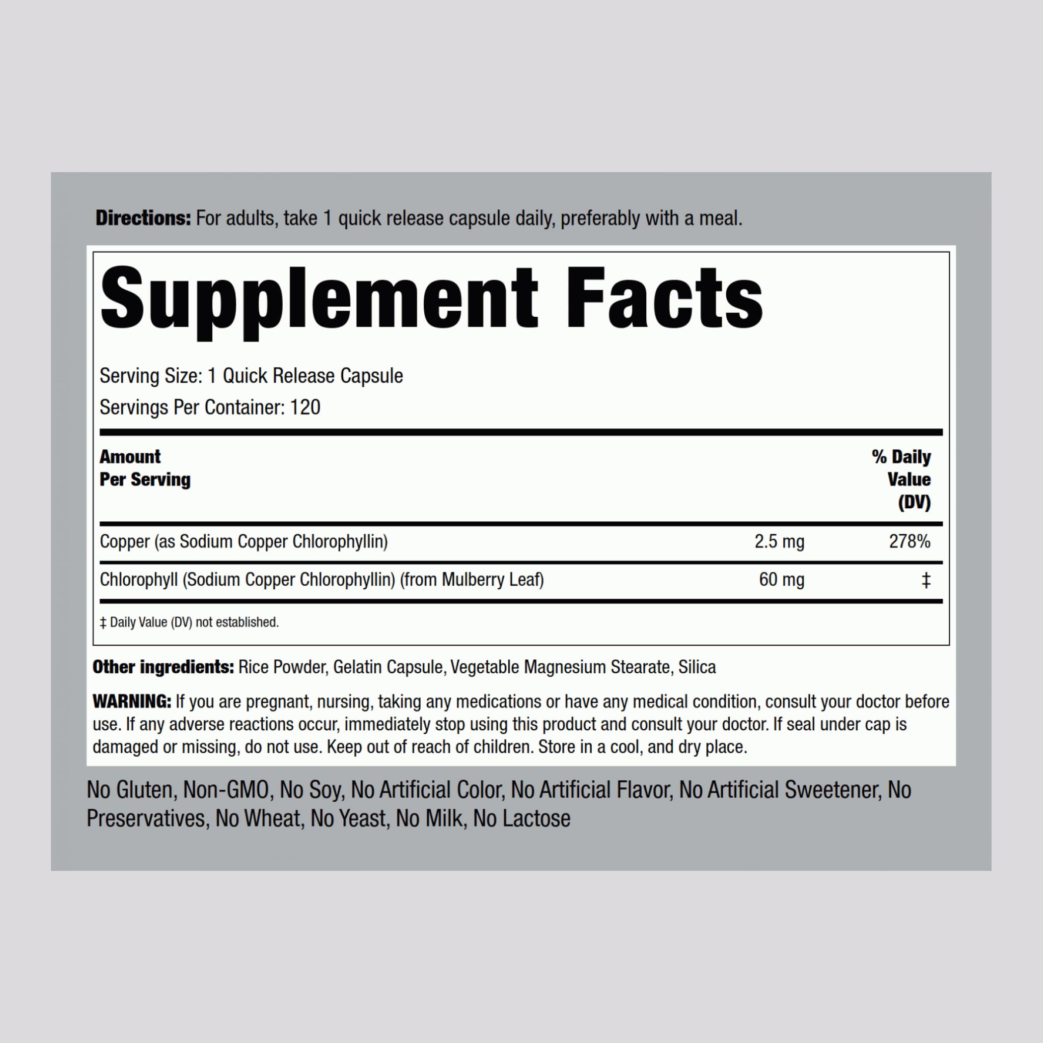 Chlorophyll Capsules packaging label showing 60 mg and 120 pills