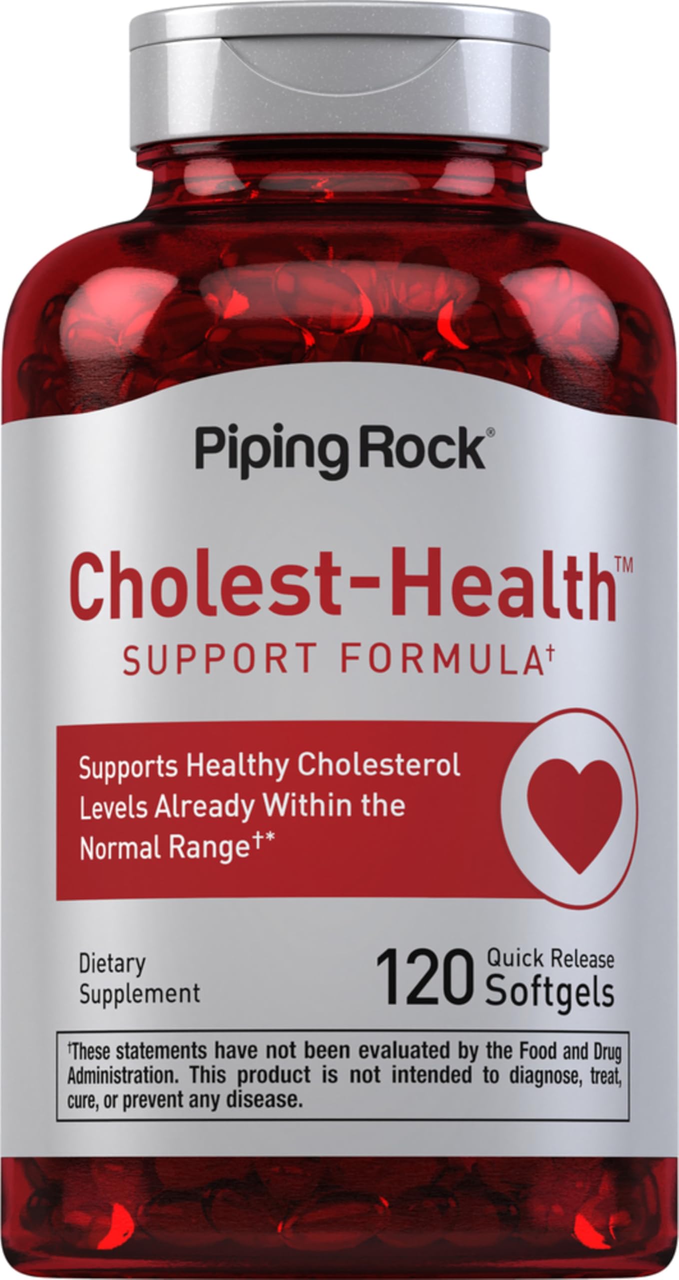 Cholesterol health supplement bottle with 120 softgels - front view
